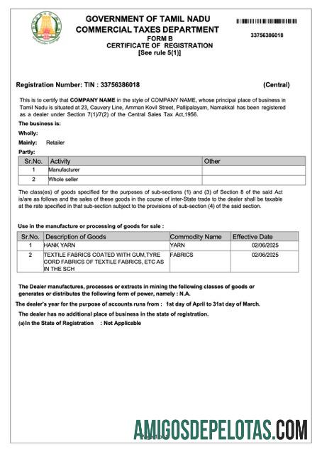 Certificado de registro Índia Tamil Nadu para download, modelo Word e PDF